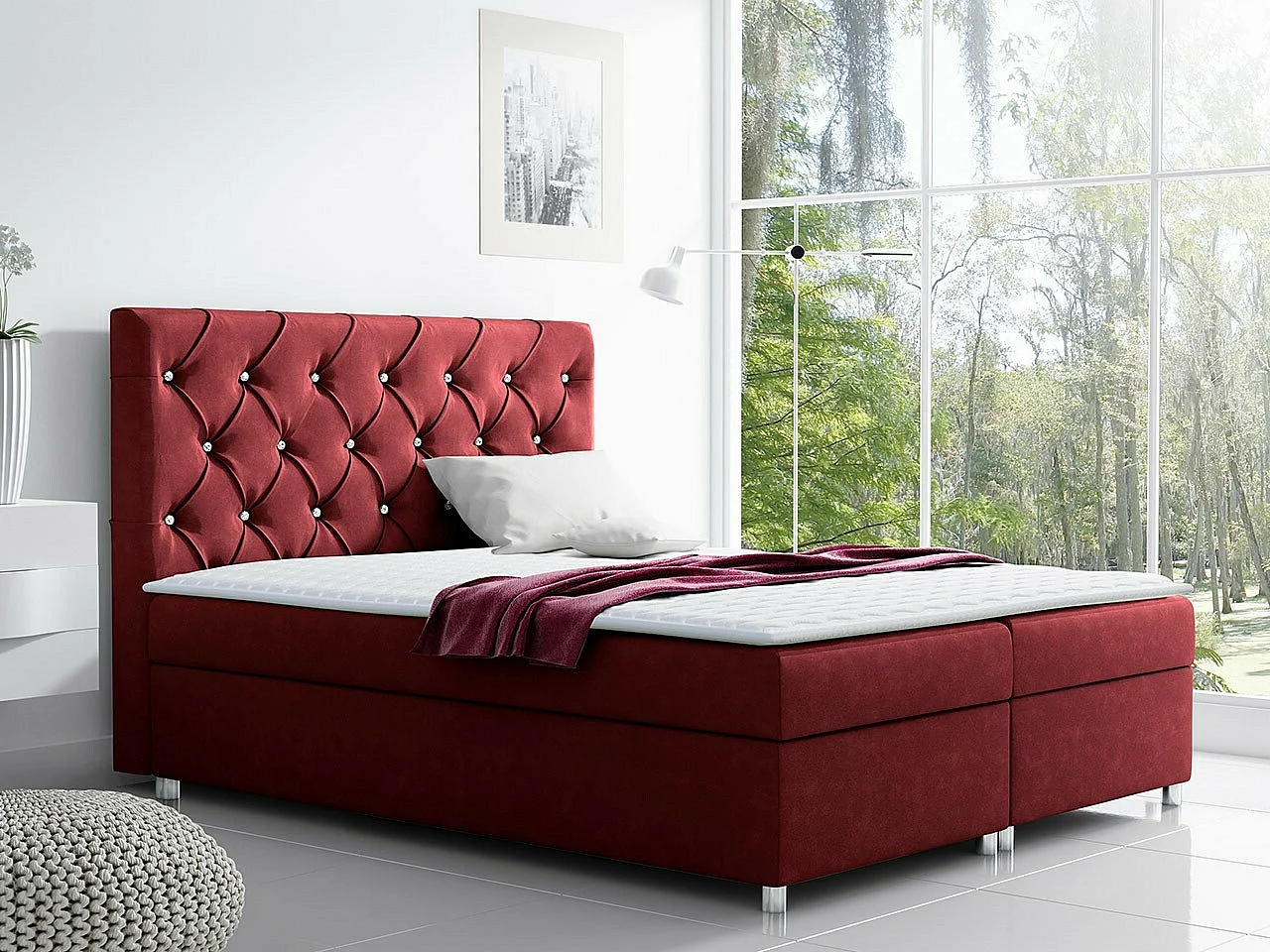 Cama continental Baltimore 112, Continental, Doble, Rojo, 200x200, Tapiz, Somieres, 200cm