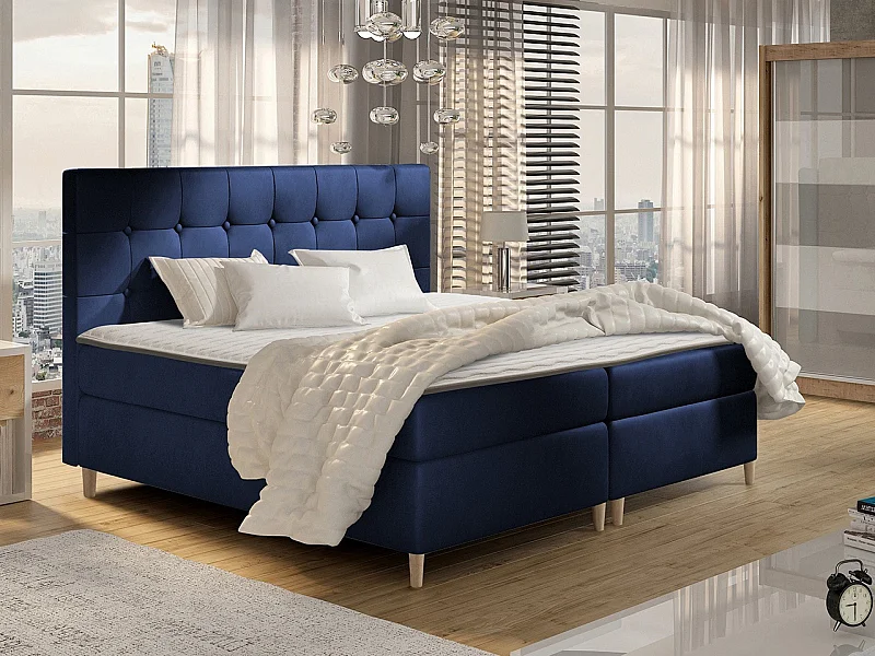 Lit continental Baltimore 130, Continental, Double, Bleu, 200x200, Tapisserie, 202x208cm