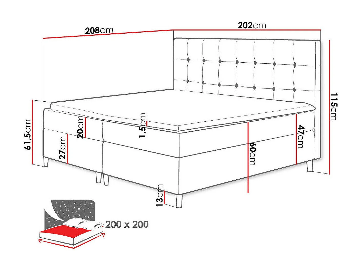 Cama continental Baltimore 130, Doble, Continental, Azul, 200x200, Tapiz, Somieres, 202cm