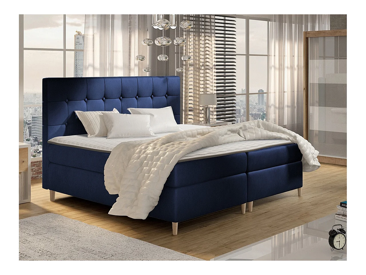 Lit continental Baltimore 130, Continental, Double, Bleu, 200x200, Tapisserie, 202x208cm