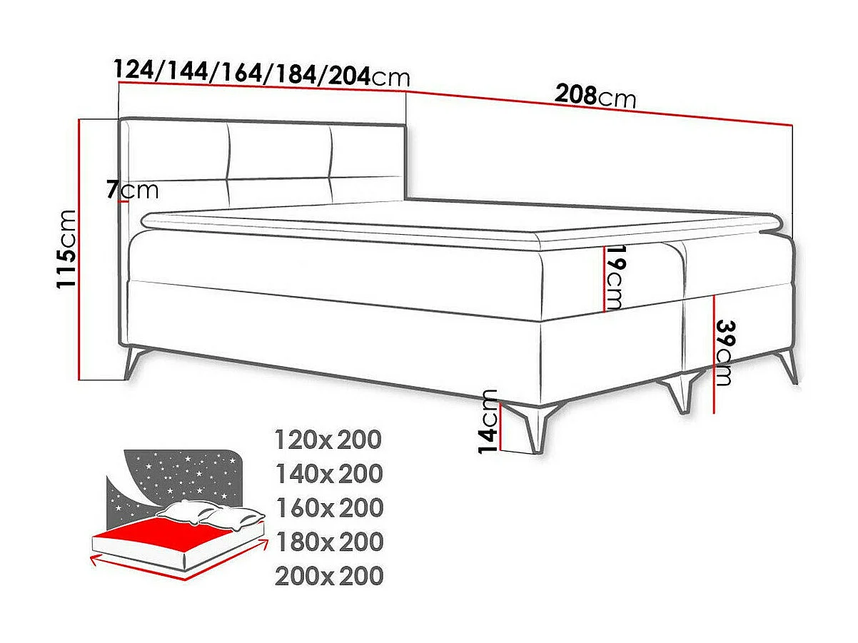 Cama continental Baltimore 134, Continental, Doble, Rojo, 200x200, Cuero ecológico, 204cm