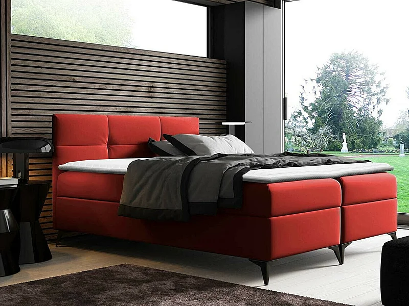 Cama continental Baltimore 134, Continental, Doble, Rojo, 200x200, Cuero ecológico, 204cm