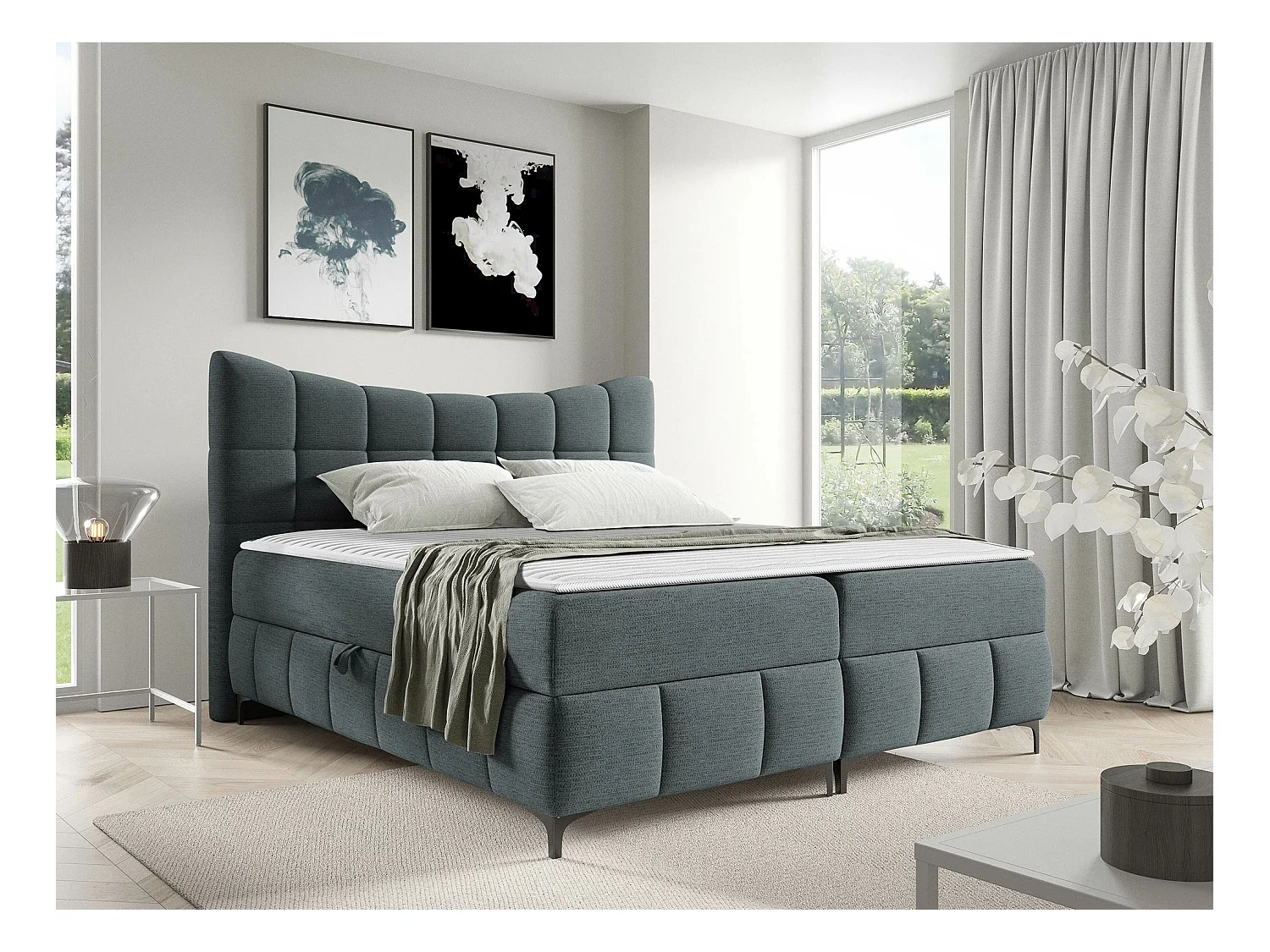 Lit continental Baltimore 193, Continental, Double, Gris, 200x200, Tapisserie, 204x210cm