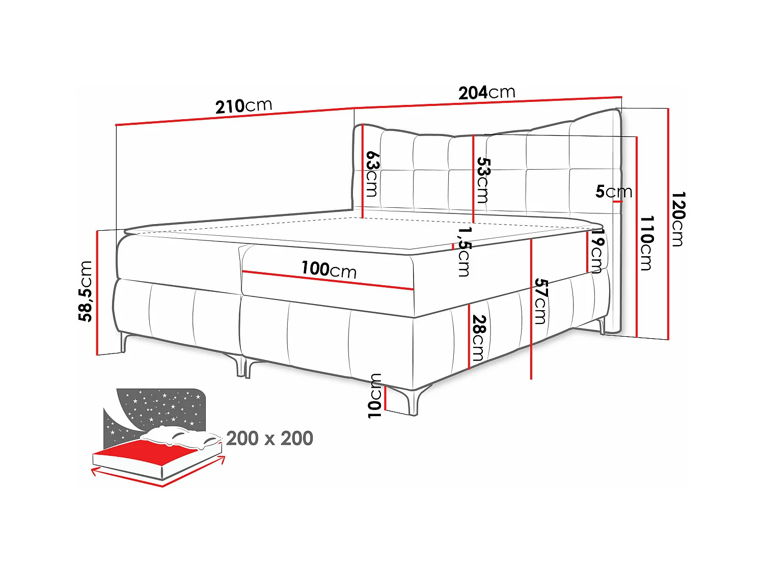 Lit continental Baltimore 193, Continental, Double, Gris, 200x200, Tapisserie, 204x210cm