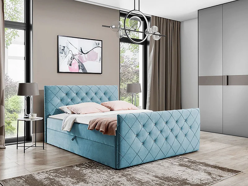 Cama continental Baltimore 158, Continental, Doble, Azul, 200x200, Tapiz, Somieres, 204cm