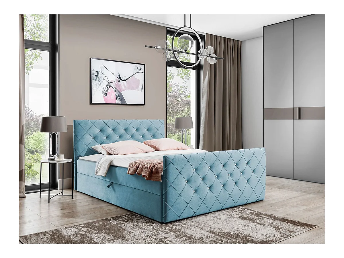 Lit continental Baltimore 158, Continental, Double, Bleu, 200x200, Tapisserie, 204x213cm