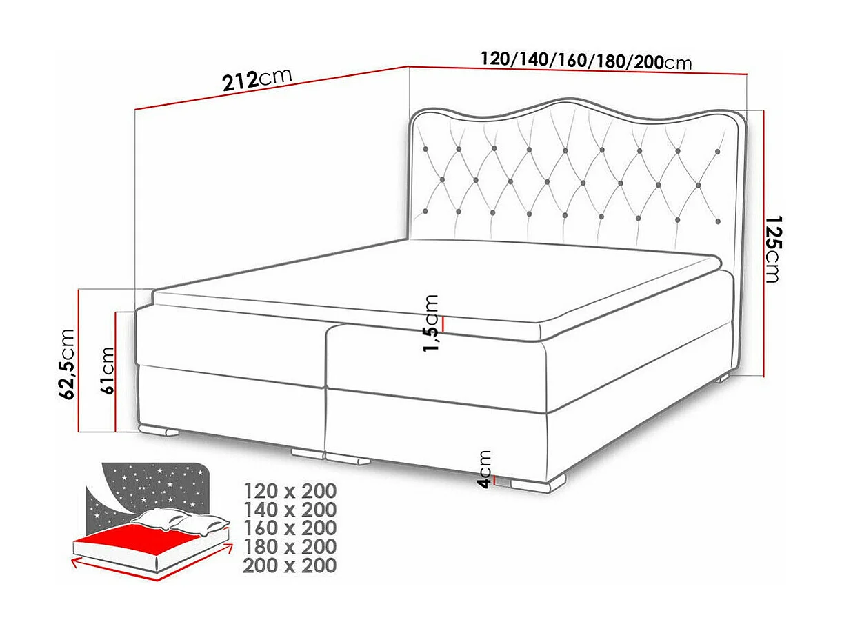 Cama continental Baltimore 162, Doble, Continental, Rojo, 200x200, Cuero ecológico, 200cm