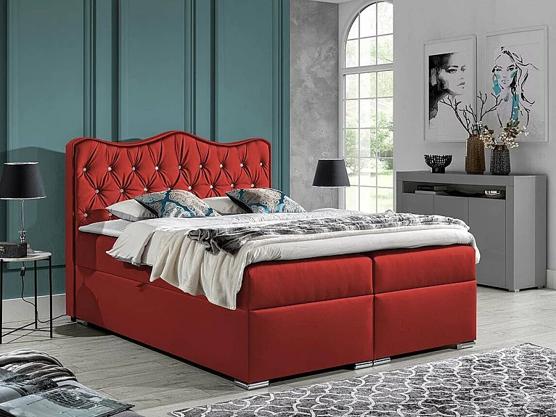 Cama continental Baltimore 162, Doble, Continental, Rojo, 200x200, Cuero ecológico, 200cm