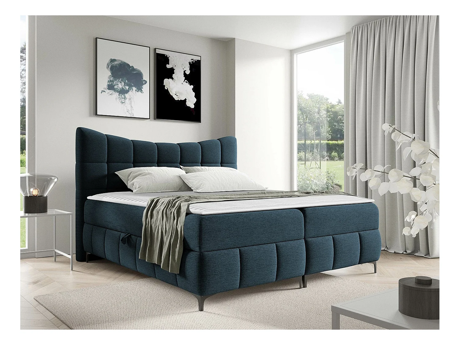 Lit continental Baltimore 193, Continental, Double, Bleu, 200x200, Tapisserie, 204x210cm