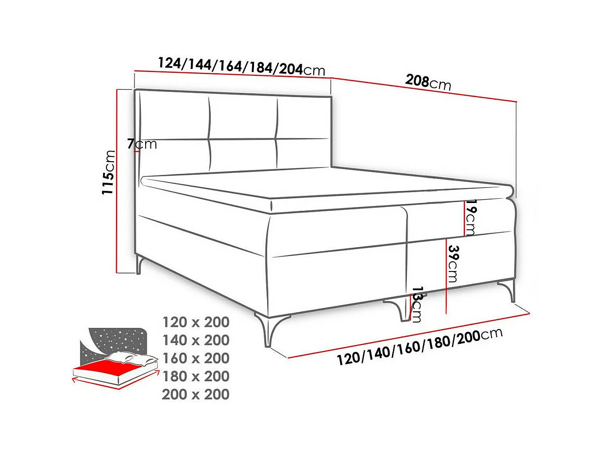 Cama continental Baltimore 133, Continental, Doble, Rojo, 200x200, Tapiz, Somieres, 204cm