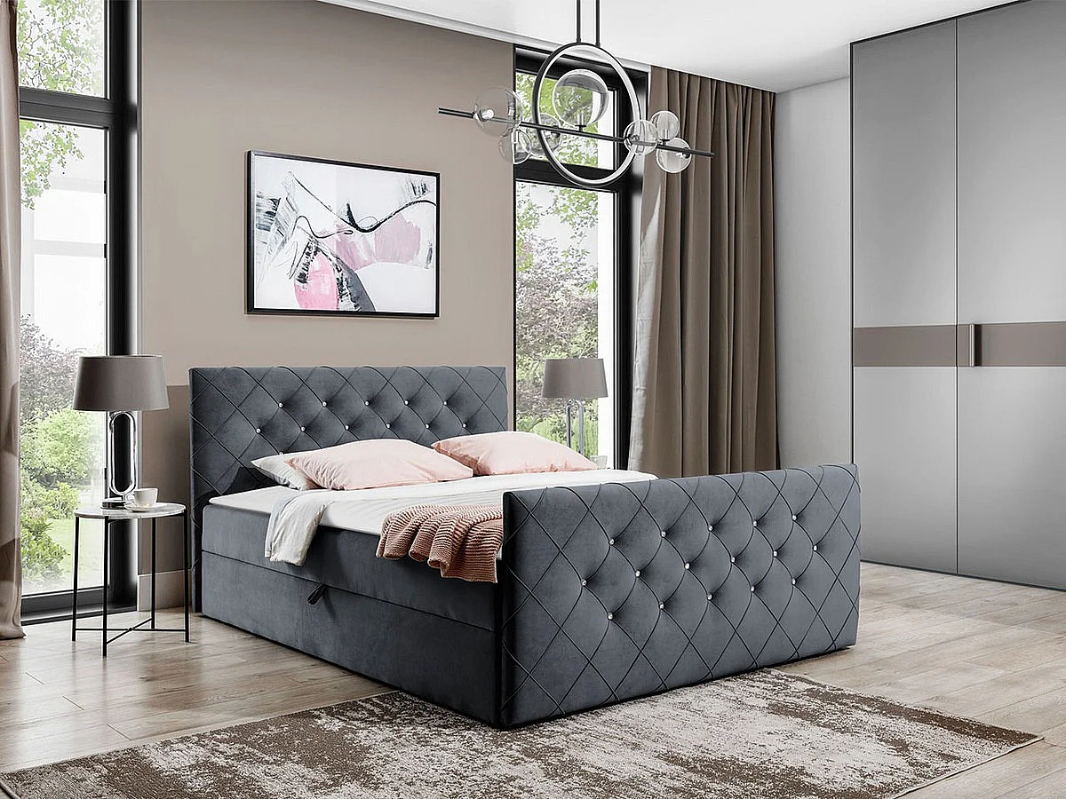 Lit continental Baltimore 158, Continental, Double, Gris, 200x200, Tissu, Disponible,