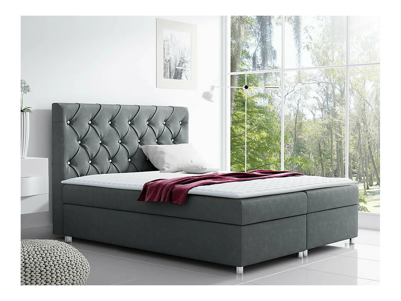 Cama continental Baltimore 112, Continental, Doble, Gris, 200x200, Tapiz, Somieres, 200cm