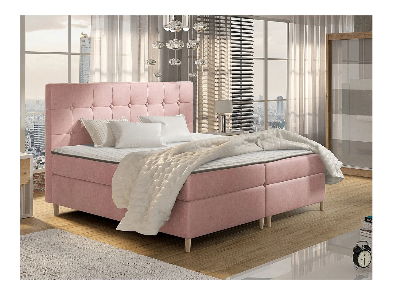 Lit continental Baltimore 130, Continental, Double, Rose, 200x200, Tapisserie, 202x208cm