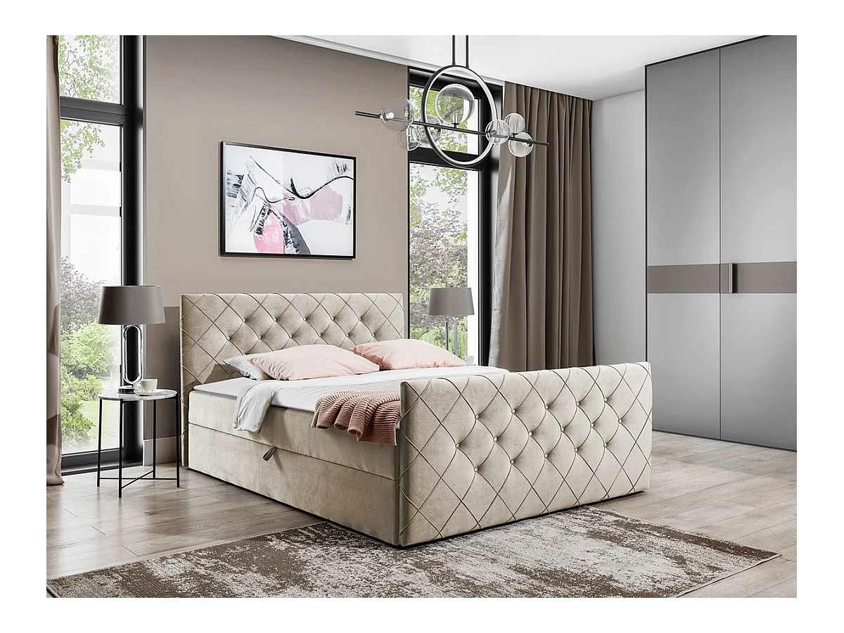 Cama continental Baltimore 158, Casal, Castanho claro, Tecido