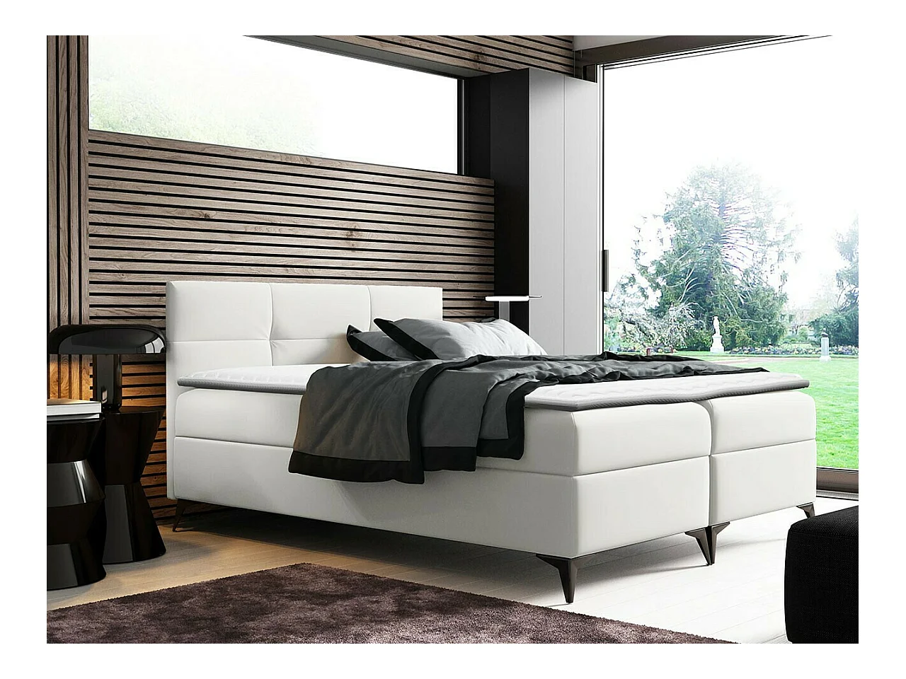 Lit continental Baltimore 134, Double, Continental, Blanc, 200x200, Faux cuir, 204x208cm