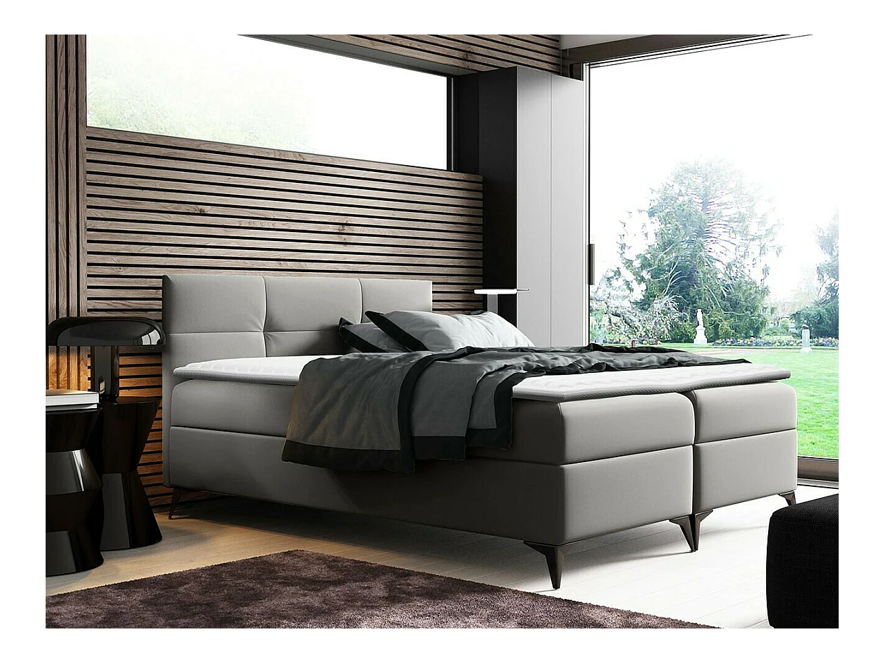 Lit continental Baltimore 134, Double, Continental, Gris, 200x200, Faux cuir, 204x208cm