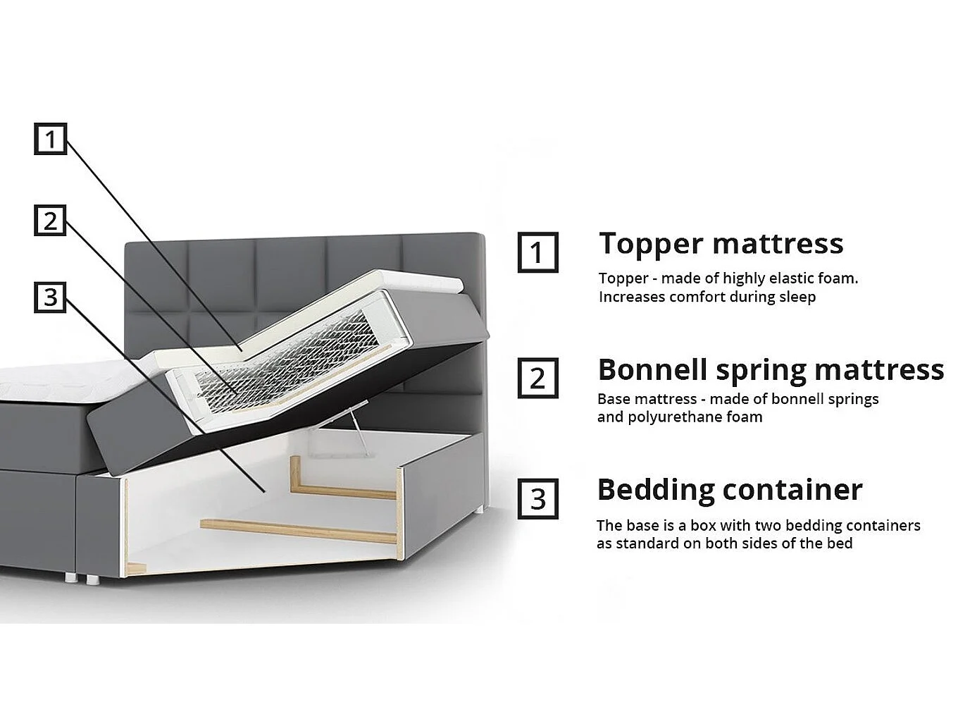 Lit continental Baltimore 134, Double, Continental, Gris, 200x200, Faux cuir, 204x208cm