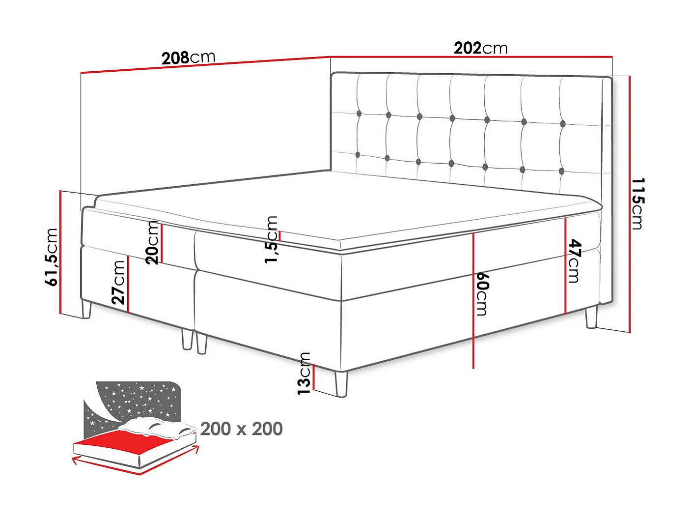 Cama continental Baltimore 130, Continental, Cinzento, Tecido