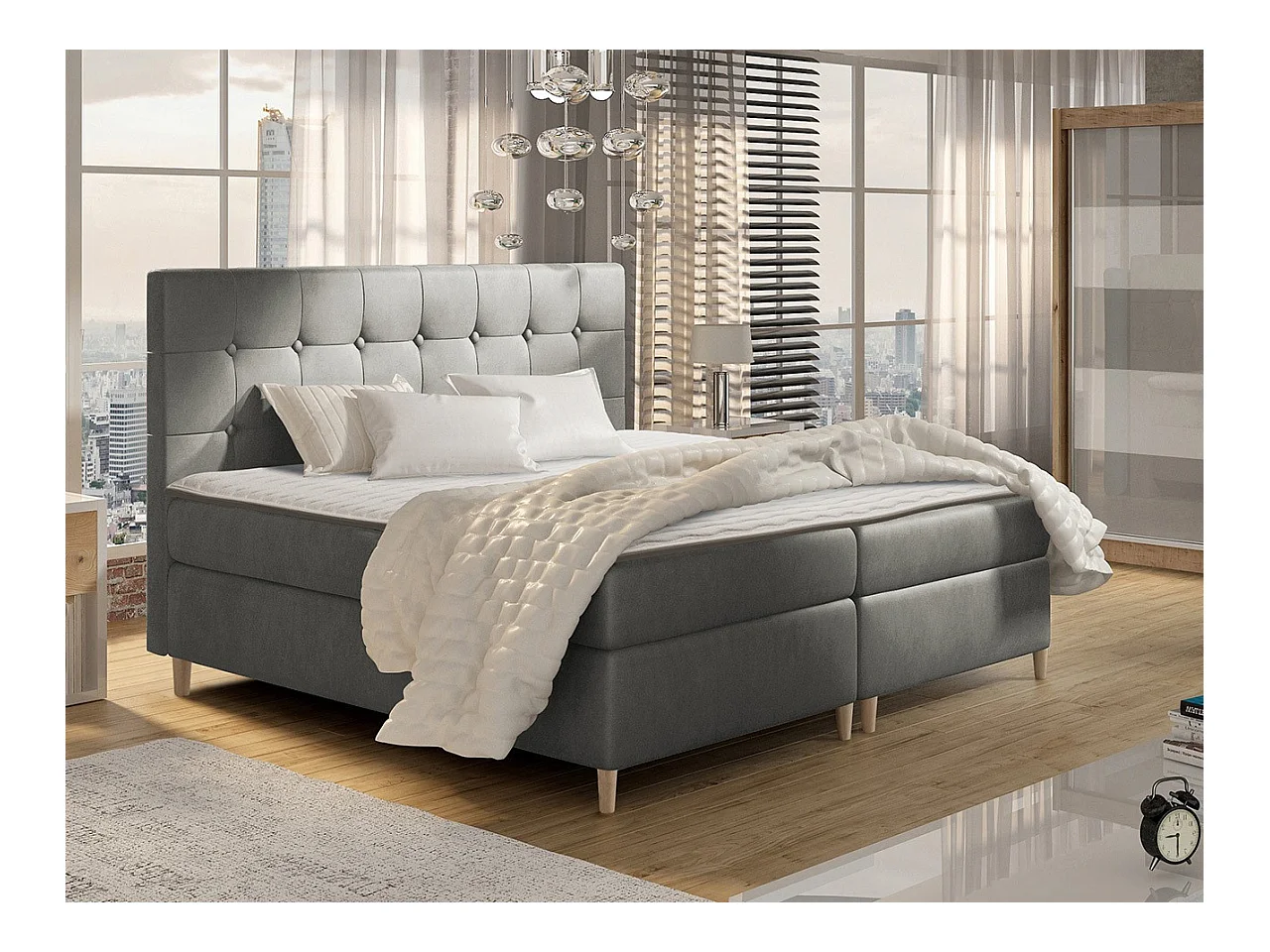 Lit continental Baltimore 130, Double, Continental, Gris, 200x200, Tapisserie, 202x208cm