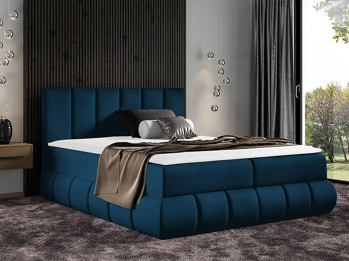 Lit continental Baltimore 152, Double, Continental, Bleu, 200x200, Tissu, Disponible,