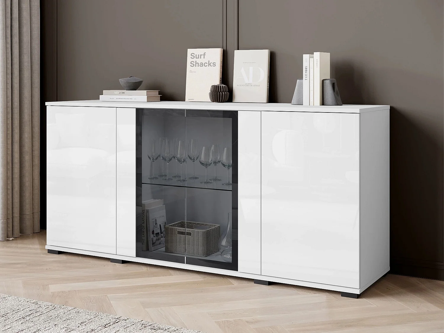 Buffet Torcame 102, Blanc brillant|Blanc, 70x150x40cm, Verre trempé|Stratifié