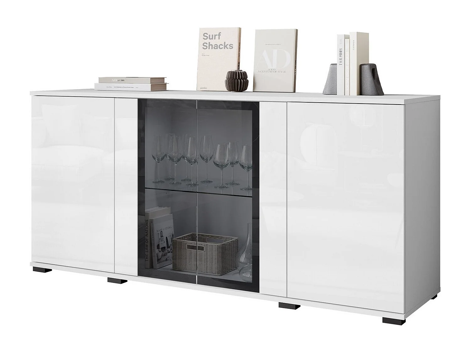Buffet Torcame 102, Blanc brillant|Blanc, 70x150x40cm, Verre trempé|Stratifié