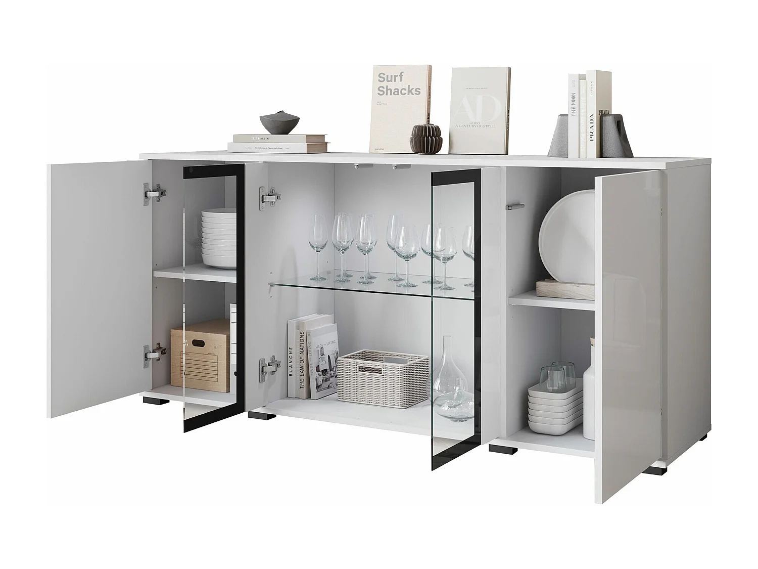 Buffet Torcame 102, Blanc brillant|Blanc, 70x150x40cm, Verre trempé|Stratifié