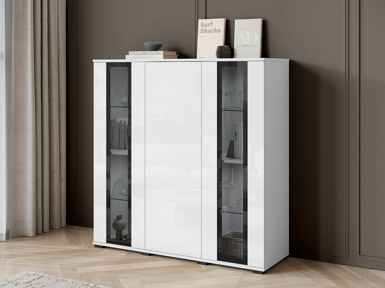 Buffet Torcame 100, Blanc brillant|Blanc, 122x120x40cm, Stratifié|Verre trempé