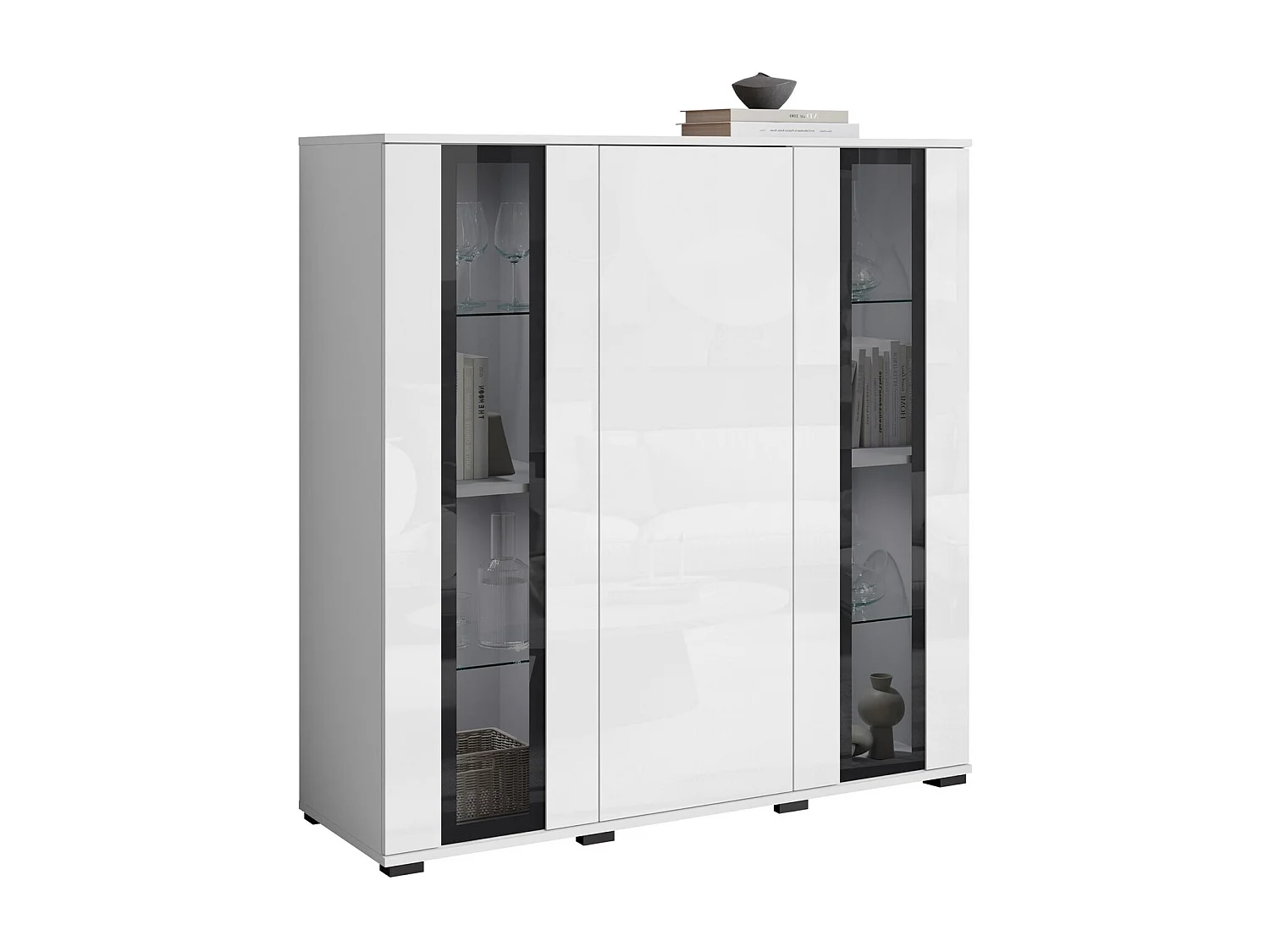 Buffet Torcame 100, Blanc brillant|Blanc, 122x120x40cm, Stratifié|Verre trempé
