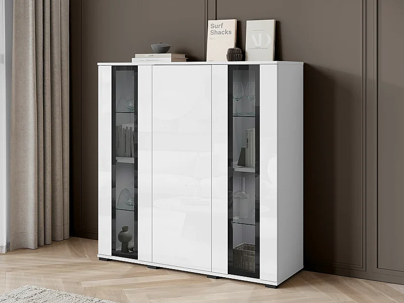 Buffet Torcame 100, Blanc brillant|Blanc, 122x120x40cm, Stratifié|Verre trempé