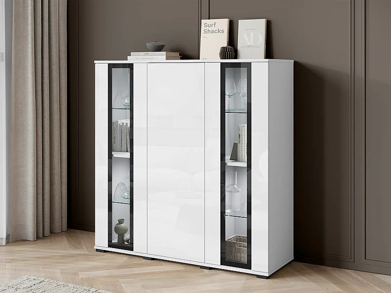 Buffet Torcame 100, Blanc brillant|Blanc, 122x120x40cm, Stratifié|Verre trempé