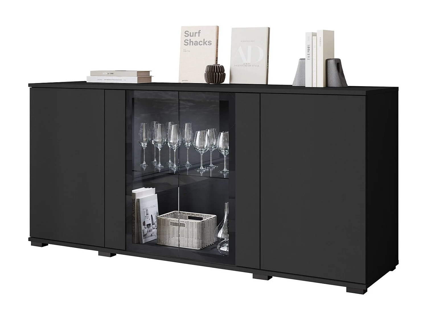 Buffet Torcame 102, Noir, 70x150x40cm, Stratifié|Verre trempé