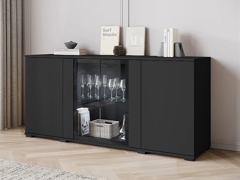 Buffet Torcame 102, Noir, 70x150x40cm, Stratifié|Verre trempé