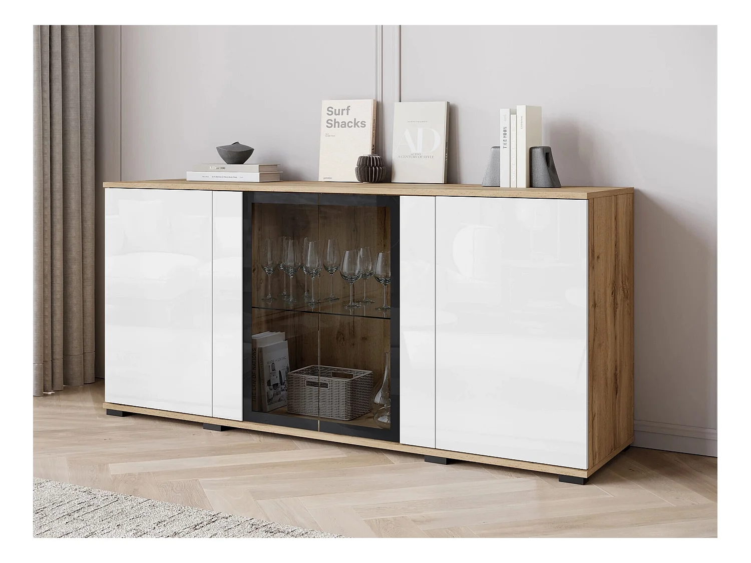 Buffet Torcame 102, Blanc brillant|Chêne wotan, 70x150x40cm, Verre trempé|Stratifié