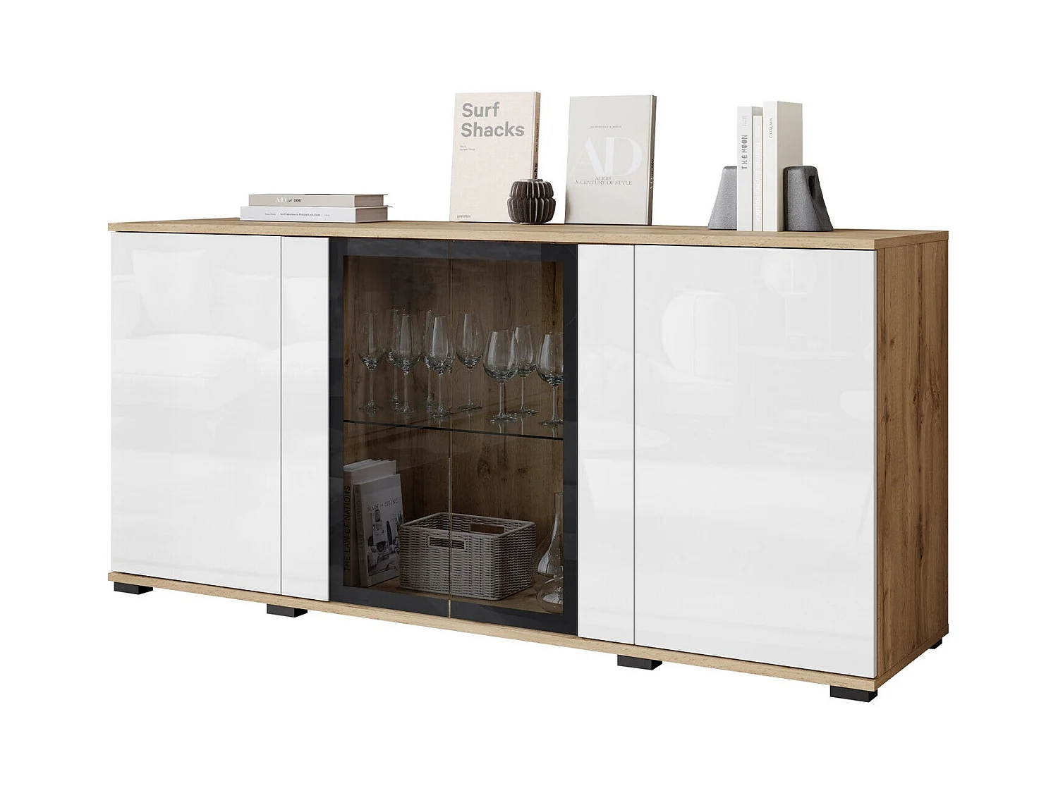 Buffet Torcame 102, Blanc brillant|Chêne wotan, 70x150x40cm, Verre trempé|Stratifié