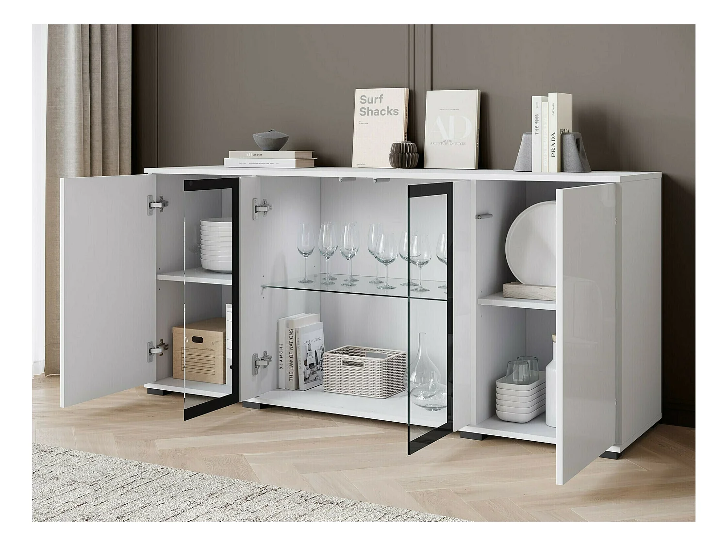 Buffet Torcame 102, Blanc brillant|Chêne wotan, 70x150x40cm, Verre trempé|Stratifié