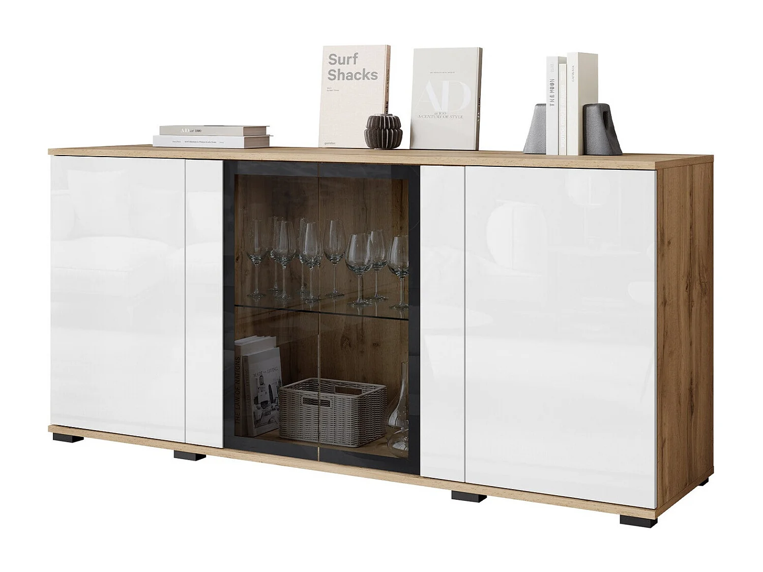 Aparador Torcame 102, Blanco brillante|Roble wotan, 70x150x40cm