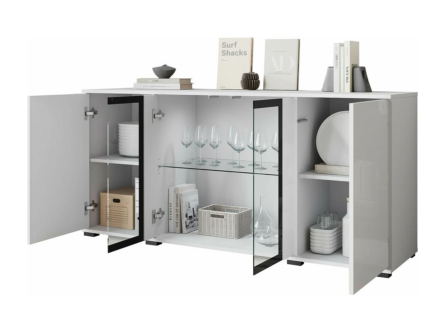 Aparador Torcame 102, Blanco brillante|Roble wotan, 70x150x40cm