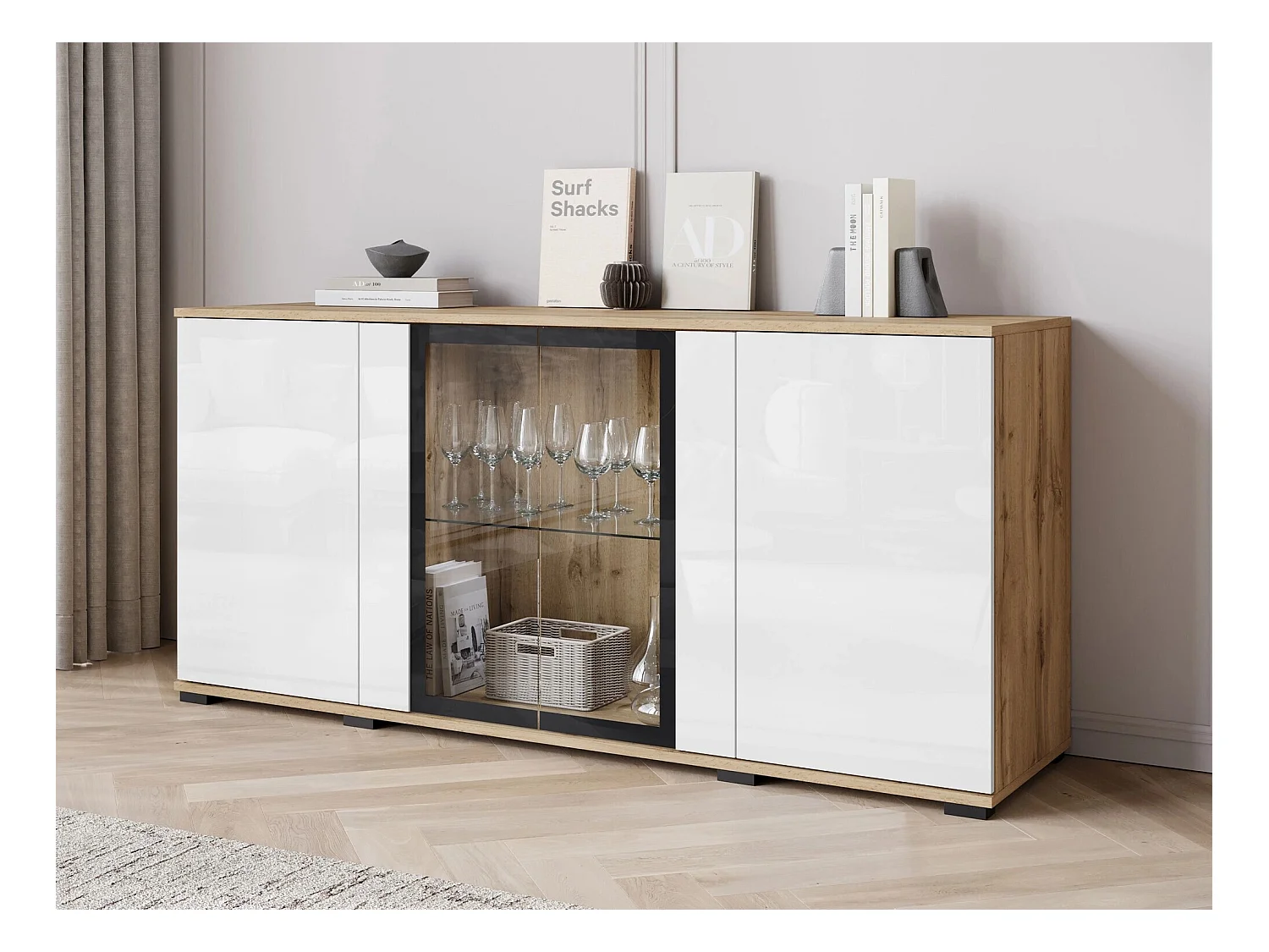 Buffet Torcame 102, Chêne wotan|Blanc brillant, 70x150x40cm, Verre trempé|Stratifié