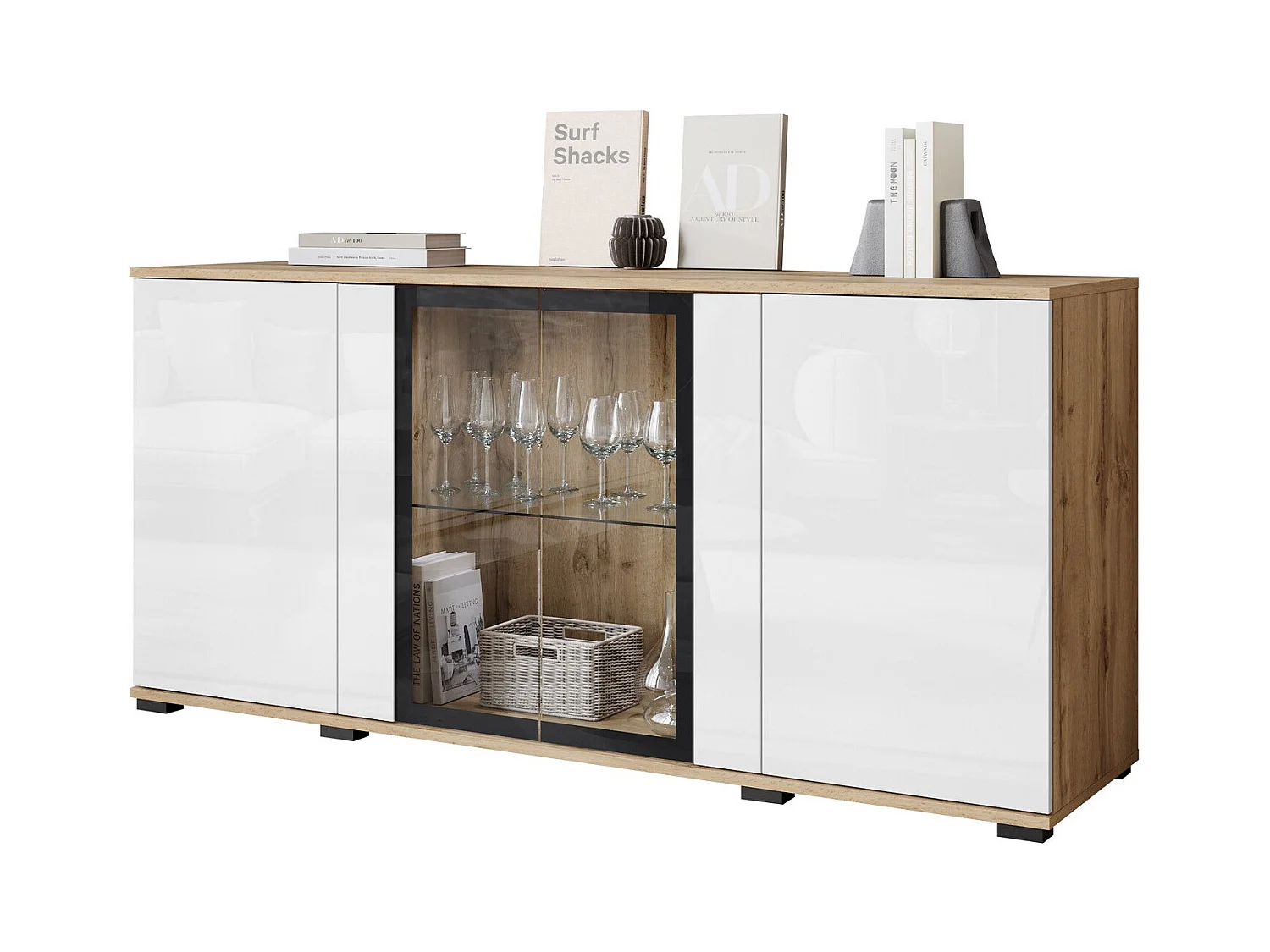 Buffet Torcame 102, Chêne wotan|Blanc brillant, 70x150x40cm, Verre trempé|Stratifié