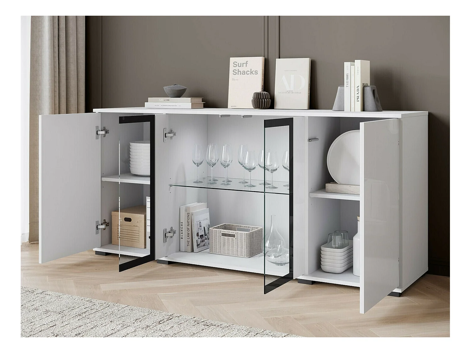 Buffet Torcame 102, Chêne wotan|Blanc brillant, 70x150x40cm, Verre trempé|Stratifié