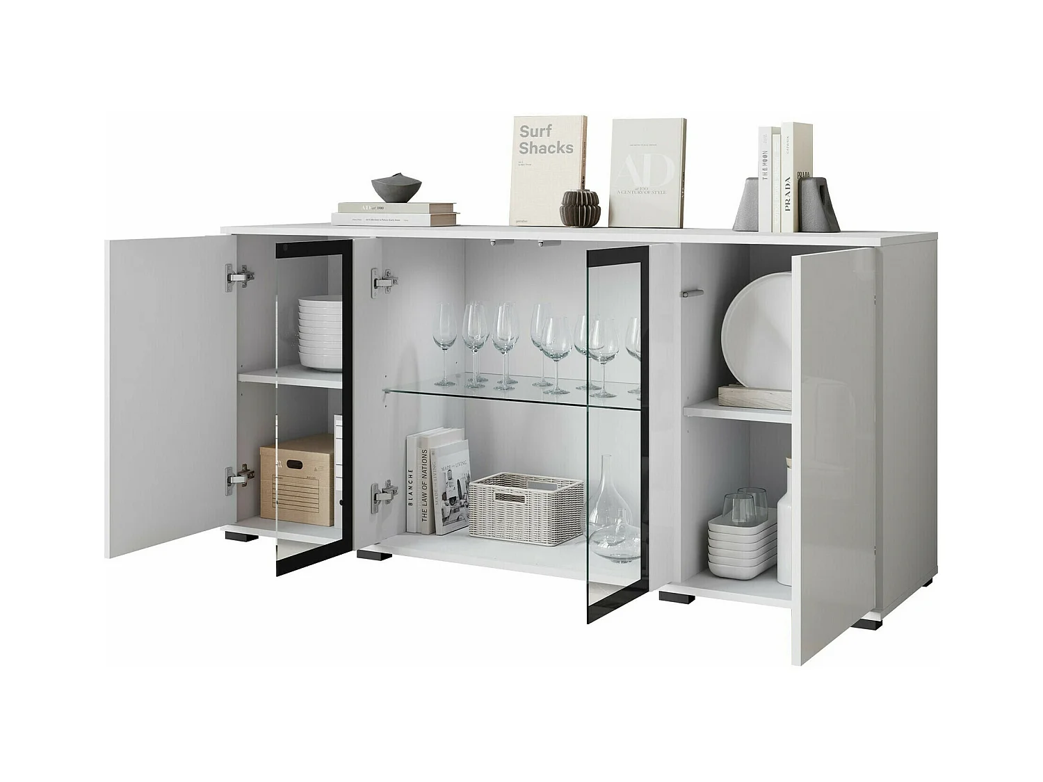 Buffet Torcame 102, Chêne wotan|Blanc brillant, 70x150x40cm, Verre trempé|Stratifié