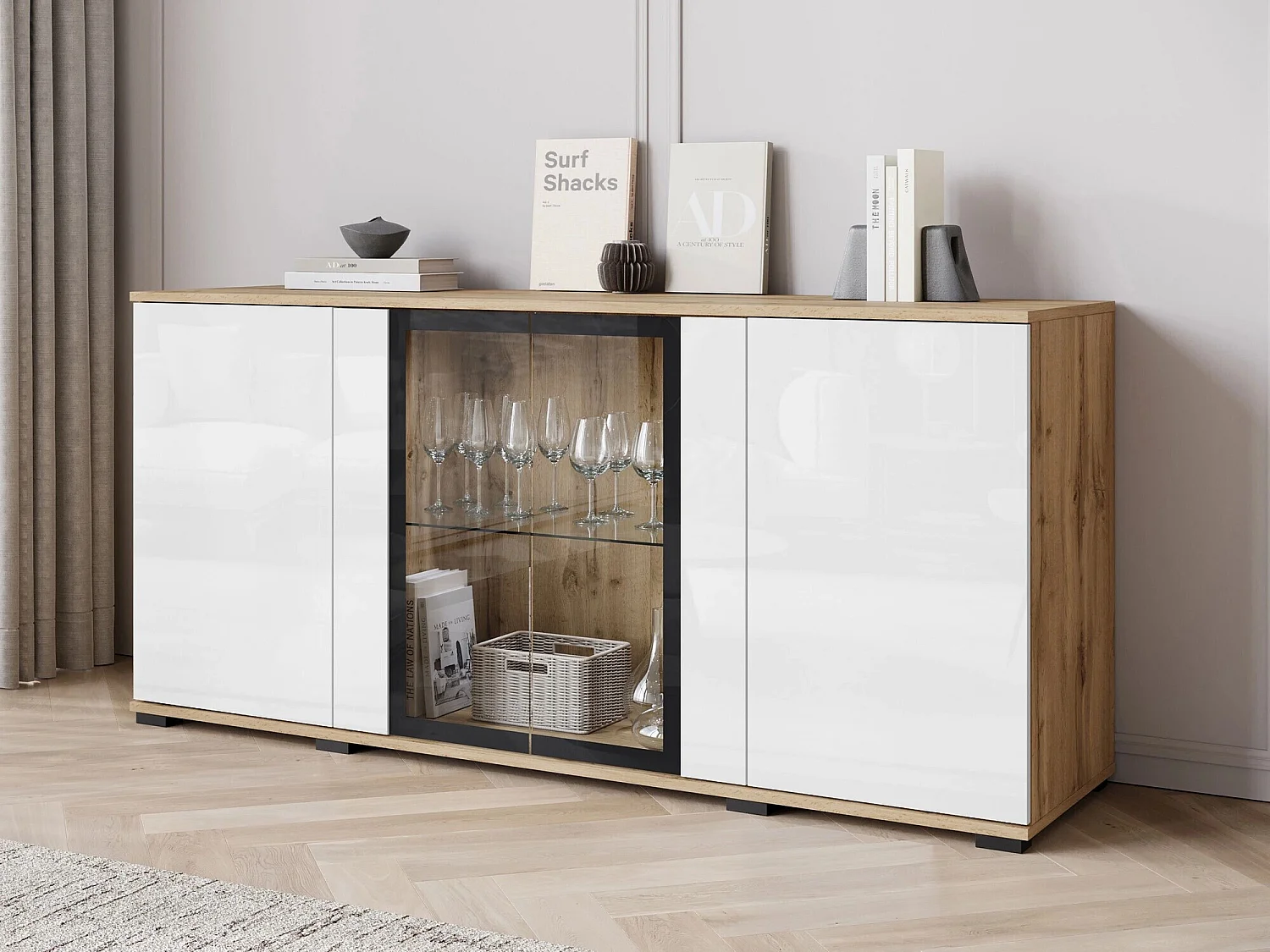 Aparador Torcame 102, Blanco brillante|Roble wotan, 70x150x40cm