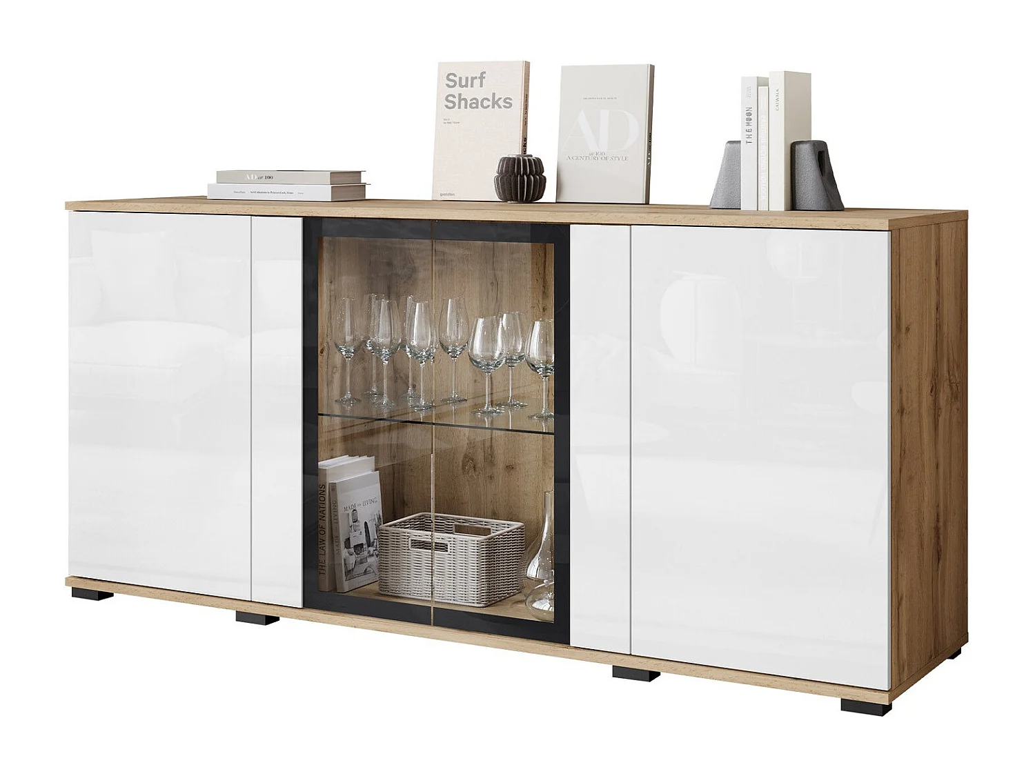 Aparador Torcame 102, Blanco brillante|Roble wotan, 70x150x40cm