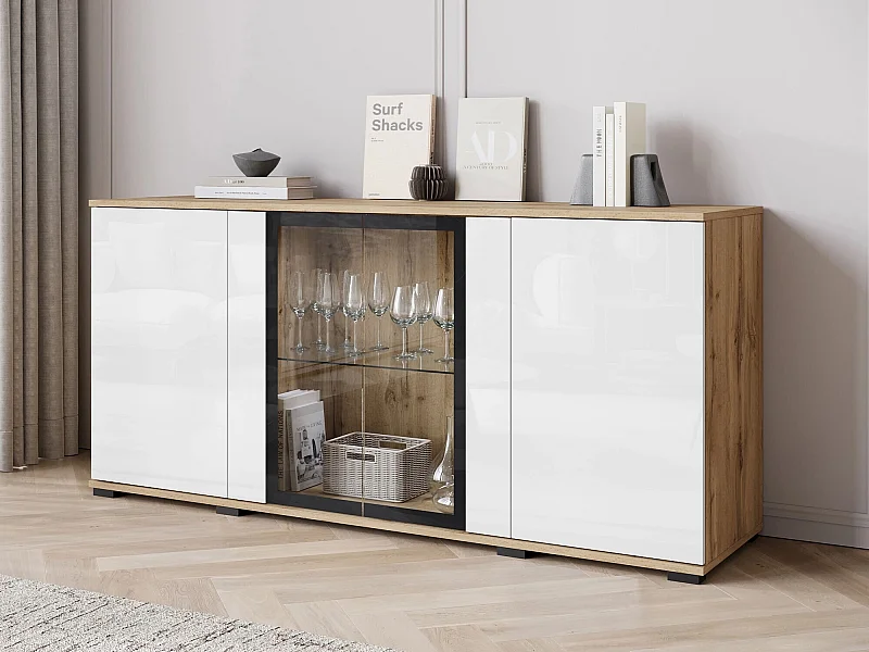 Aparador Torcame 102, Blanco brillante|Roble wotan, 70x150x40cm