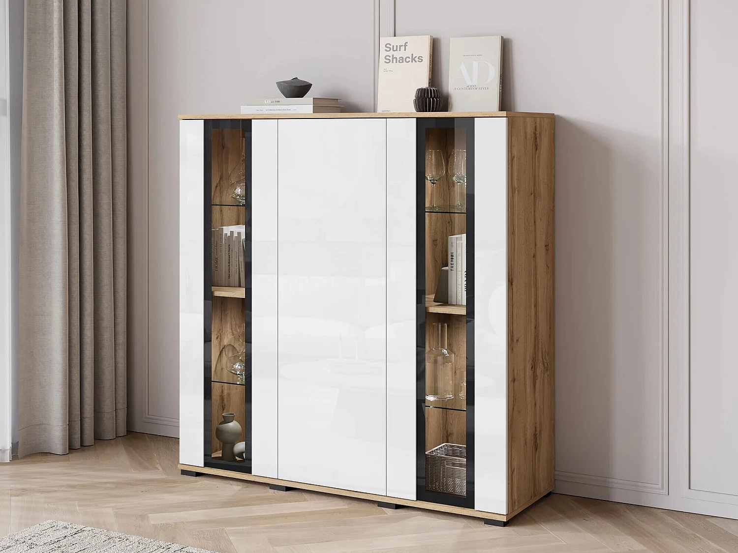 Buffet Torcame 100, Blanc brillant|Chêne wotan, 122x120x40cm, Stratifié|Verre trempé