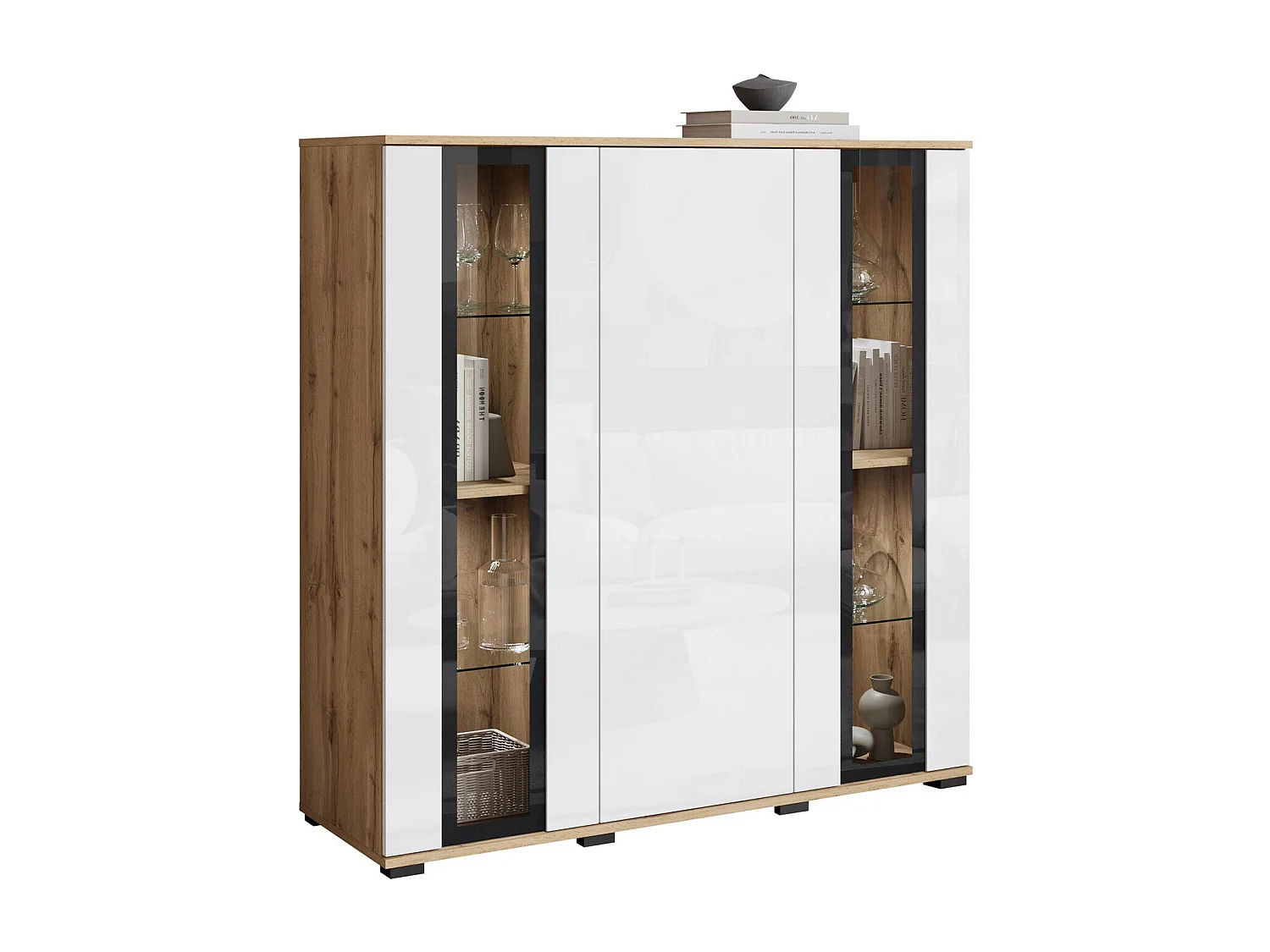 Buffet Torcame 100, Blanc brillant|Chêne wotan, 122x120x40cm, Stratifié|Verre trempé