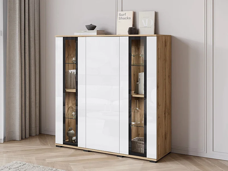 Buffet Torcame 100, Blanc brillant|Chêne wotan, 122x120x40cm, Stratifié|Verre trempé