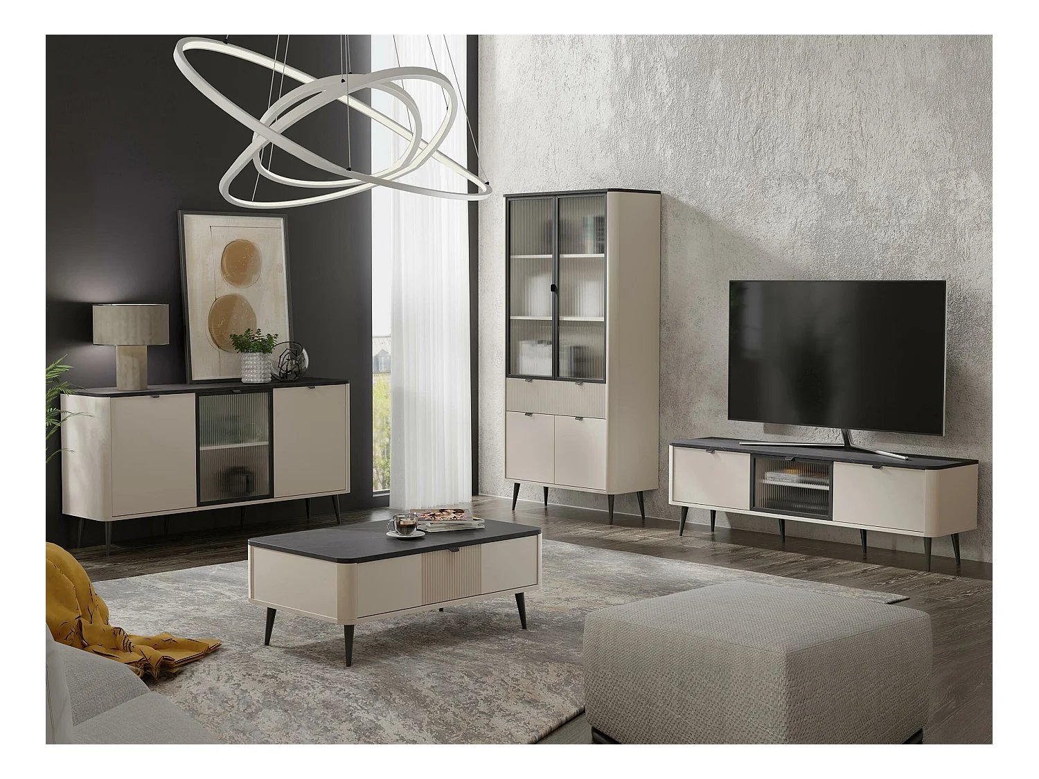 Buffet Lufela 105, Marbre gris|Cachemire, 82x160x40cm, Stratifié|Verre trempé|MDF