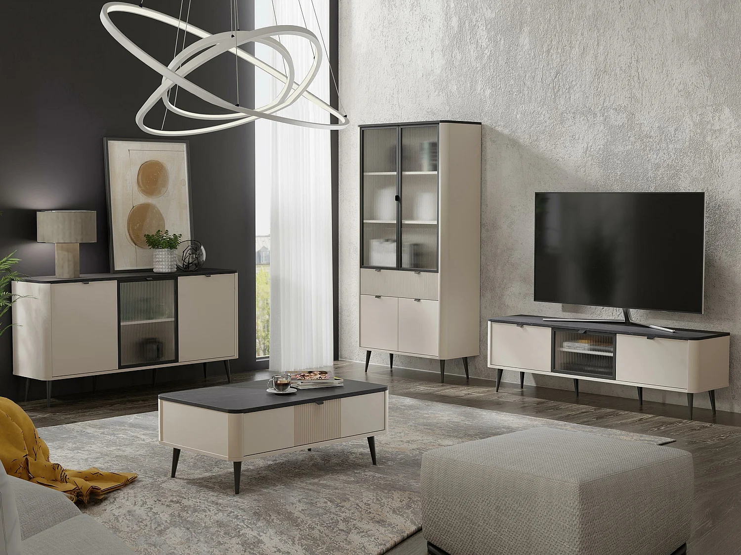 Buffet Lufela 105, Cachemire|Marbre gris, 82x160x40cm, MDF|Stratifié|Verre trempé